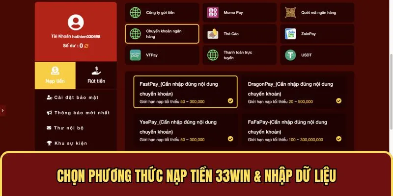 Chọn phương thức nạp tiền và điền dữ liệu